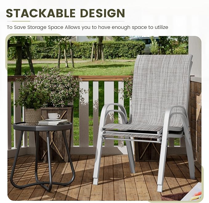 UDPATIO Patio Chairs Set of 2, Stackable Silver Outdoor Dining Chairs with High Back, Breathable Textilene Fabric Outdoor Chair All Weather, 350LBS Capacity for Garden, Backyard (Light Grey) - Image 5