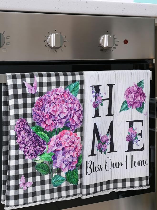 Bencailor 4 Pcs Spring Hydrangea Kitchen Towels Farmhouse Purple Floral Hand - Image 6