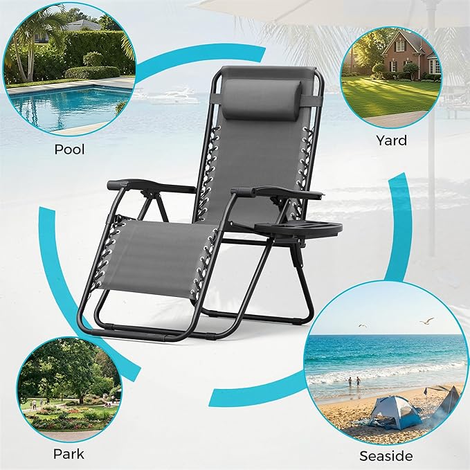 Homall Zero Gravity Chair Patio Folding Lawn Outdoor Lounge Gravity Camp Reclining Lounge Chair with Cup Holder Pillows for Poolside Backyard and Beach Set of 4 (Grey) - Image 5