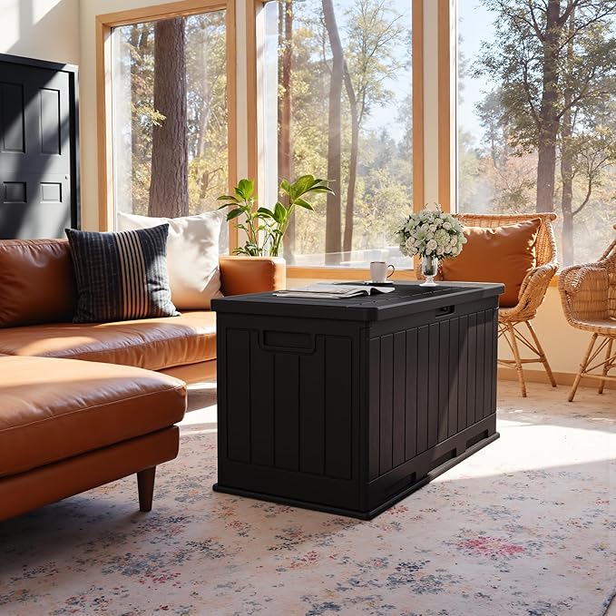 JUMMICO 90 Gallon Waterproof Resin Deck Box, Double Wall Outdoor Storage Box with Lockable Lid for Garden Tools, Patio Cushions, Pools (Black) - Image 4
