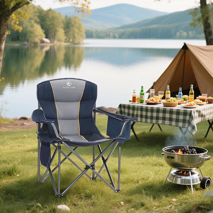ALPHA CAMP Heavy Duty Camping Chair 500LBS Capacity, Oversized Folding Chair for Heavy People, Padded Portable Outdoor Chair with Cooler Bag & Cup Holder for Camping, Fishing, Beach - Image 2