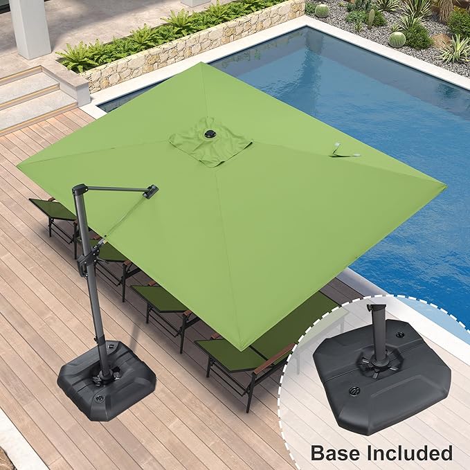 PURPLE LEAF 9' X 11.5' Square Cantilever Umbrella Patio Umbrella with Base Outdoor Umbrella Aluminum Offset with 360-degree Rotation for Garden Deck Pool Patio Apple Green - Image 2