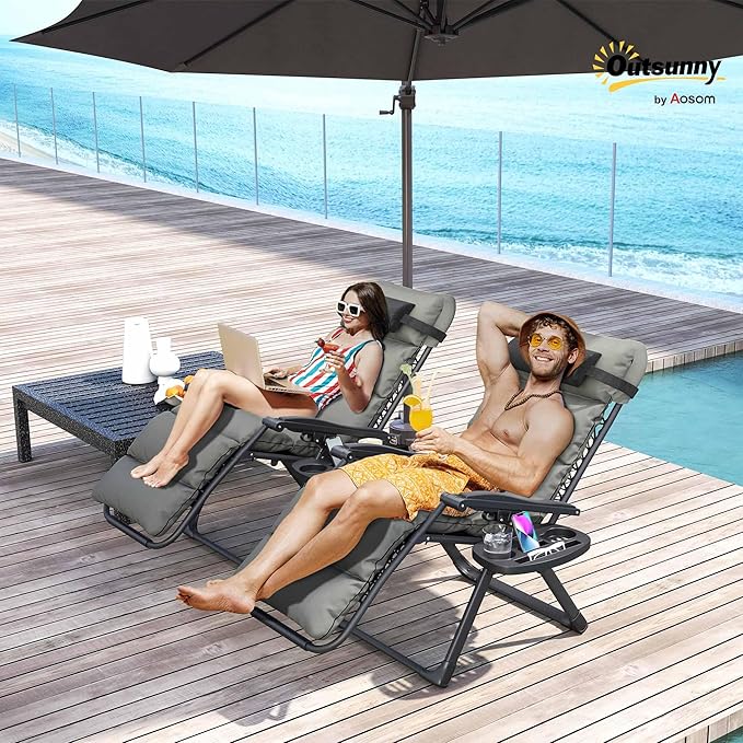 Outsunny Zero Gravity Chairs Set of 2, Reclining Folding Zero Gravity Lounge Chair, Outdoor Lounge Chairs with Removable Cushion, Headrest, and Cup Phone Holder Tray for Patio, Beach, Gray - Image 2