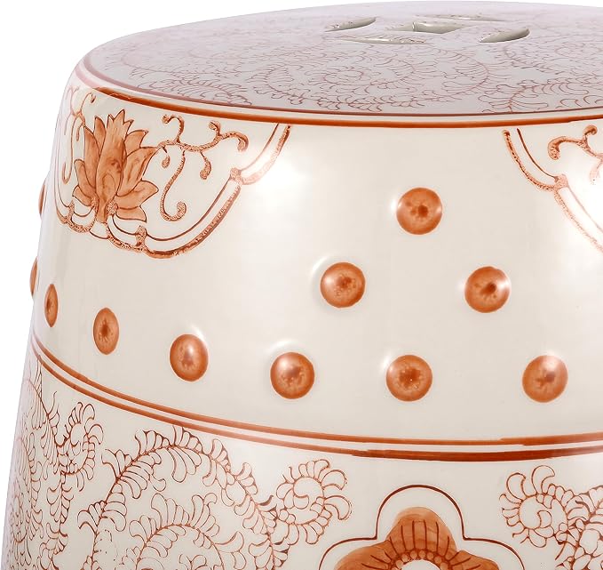 JONATHAN Y TBL1013D Double Happiness 18" Chinoiserie Ceramic Drum Indoor/Outdoor Garden Stool Bohemian, Coastal, Classic, Cottage, Traditional, Patio, Garden, Bathroom, Living Room, Orange/White - Image 7