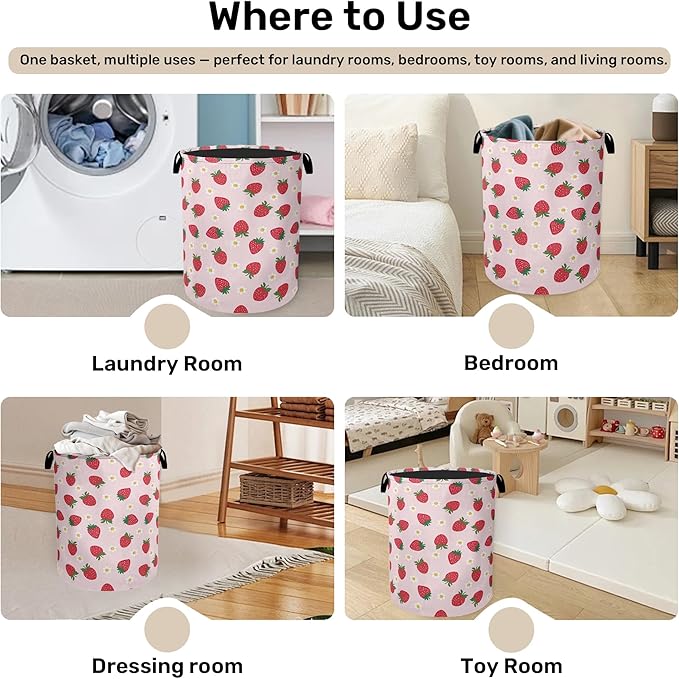 Cute Pink Strawberry Laundry Basket, Extra Large Foldable Hamper - Image 4