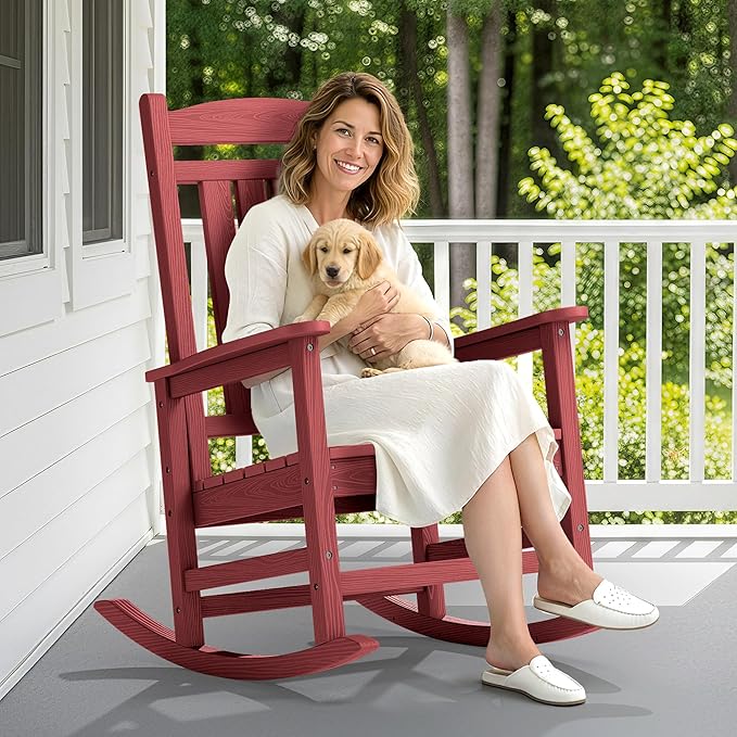 SERWALL Oversized Outdoor Rocking Chair, All-Weather Patio Rocking Chair, HDPE Porch Rocker for Adults, Red - Image 2