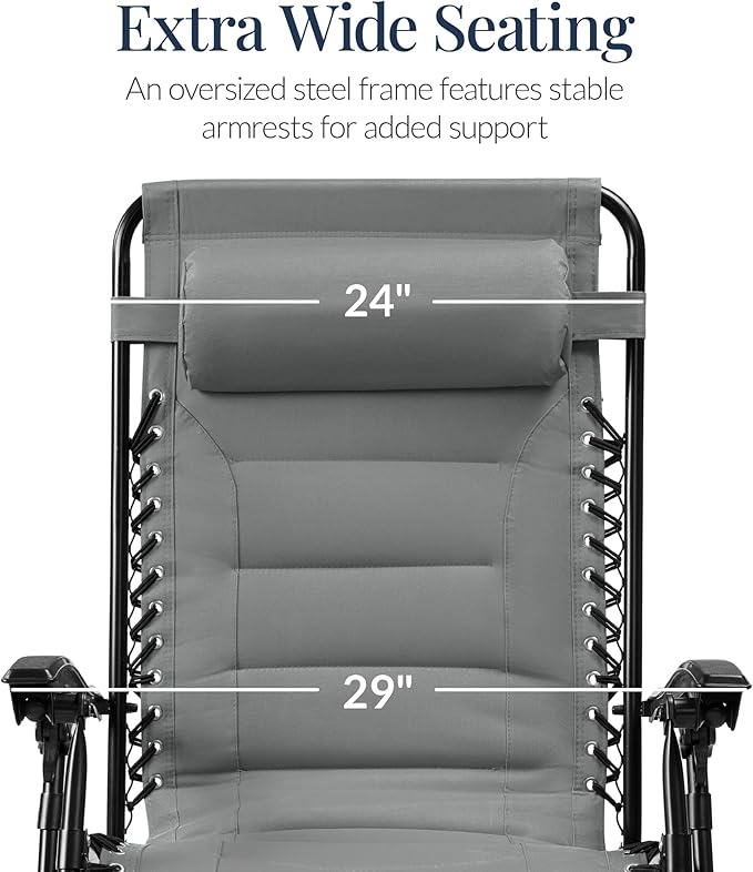 Best Choice Products Oversized Padded Zero Gravity Chair, Folding Outdoor Patio Recliner, XL Anti Gravity Lounger for Backyard w/Headrest, Cup Holder, Side Tray, Polyester Mesh - Ice Gray - Image 3