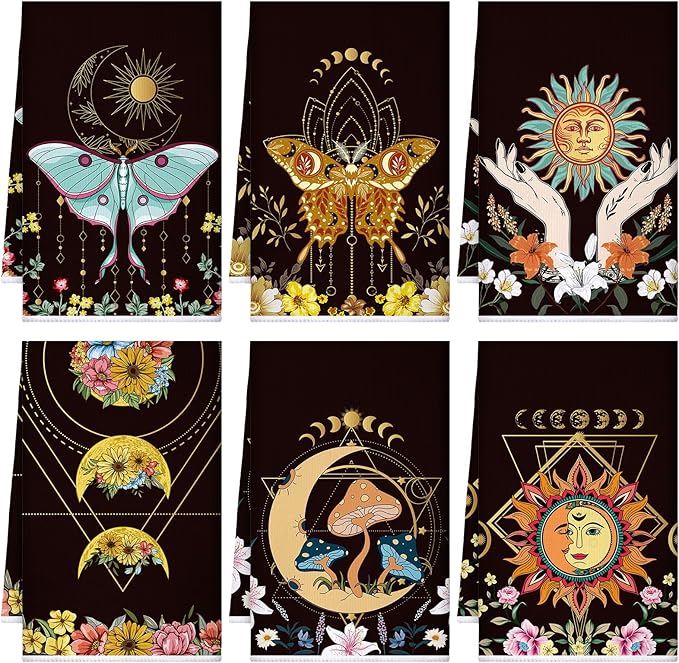 Boyiee Set of 6 Witchy Kitchen Towels Boho Tea Towels Absorbent Mushroom Floral by Boyiee