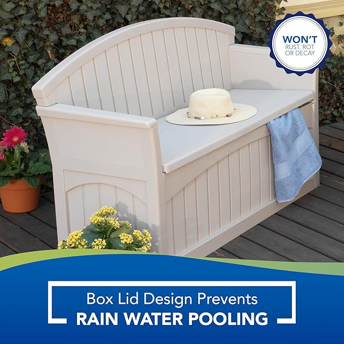 Suncast Outdoor Storage Bench - 50 Gallon Taupe Resin Outdoor Bench with Storage for Cushions, Tools & More. All-Weather Patio Deck Box with Seat for Porch, Pool, Yard, & Garden, Made in USA - Image 12