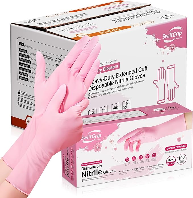 Disposable Nitrile Dishwashing Gloves, Extended 12 Inches Cuff, Cherry Blossom by SwiftGrip
