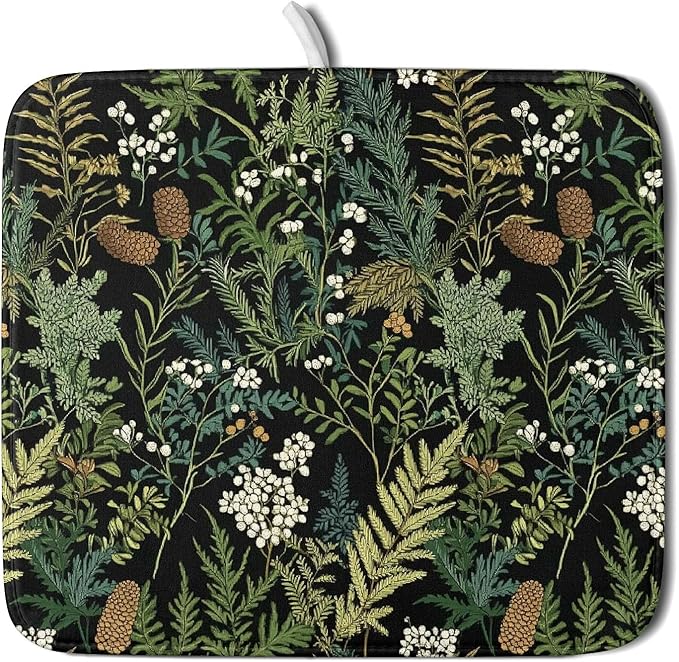 Green Plant Fern Leaves Floral Dish Drying Pad 16 x 18 Inch by APORTT