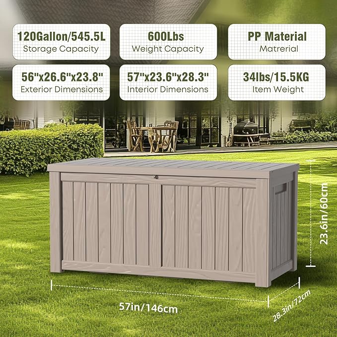 DRATO 120 Gallon Large Deck Box, Outdoor Storage Box for Patio Furniture, Patio Cushions, Gardening Tools, Pool Supplies,660lbs Weight Capacity,Waterproof Resin Storage Boxes（Gray，120 Gallon） - Image 6