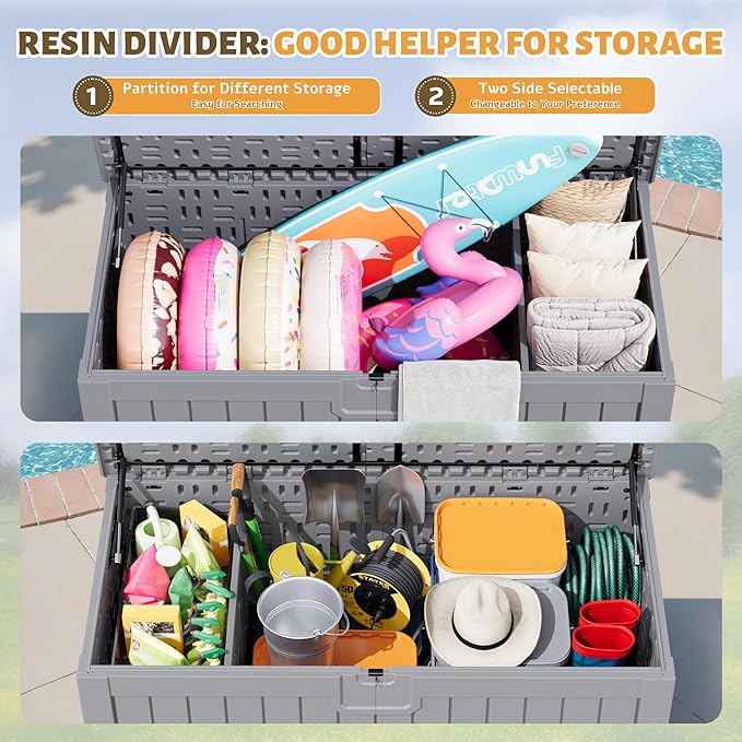 Flamaker Resin Deck Box 250 Gallon, Waterproof Imitation-Wood Lockable Storage Box with Separator Plate Outdoor Indoor, Garden, Patio Furniture for Tools&Pool Accessories (Gray) - Image 5
