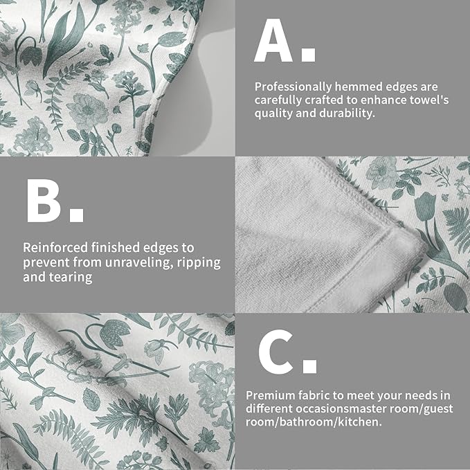 Spring Floral Hand Towels for Bathroom Set of 2 Aqua White Flower Leaves - Image 5