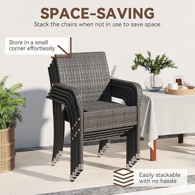 Yaheetech Set of 6 Stackable Outdoor Rattan Dining Chairs, All-Weather Armchair w/Armrests, Steel Frame for Garden, Patio, Deck, Yard, Poolside Gray - Image 5