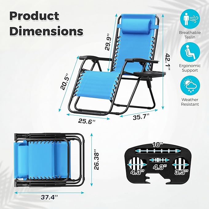 Homall Zero Gravity Chair Patio Folding Lawn Outdoor Lounge Gravity Camp Reclining Lounge Chair with Cup Holder Pillows for Poolside Backyard and Beach Set of 4 (Sky Blue) - Image 3