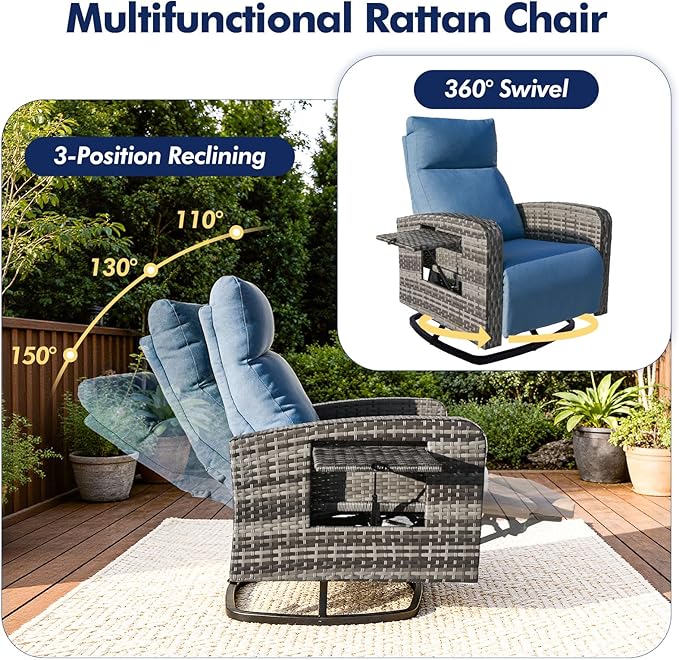 Outdoor Recliner Chair Set of 2, Wicker Patio Recliners with Adjustable Backrest and Extended Foot Rest, Reclining Patio Chairs with Flip Table & Removable Cushion Cover for Porch - Image 3