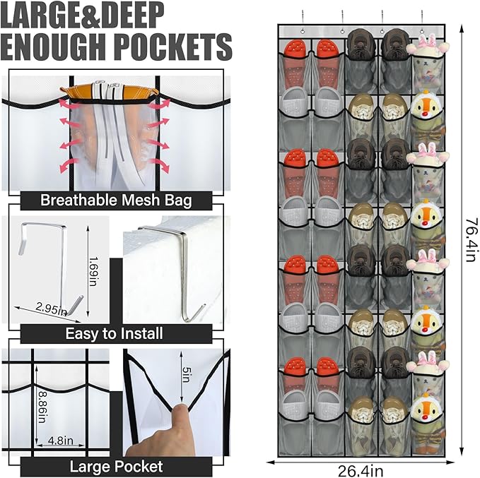 Windyun 40 Over The Door Shoe Organizer, Large Mesh Pocket Hanging Shoe Rack - Image 2