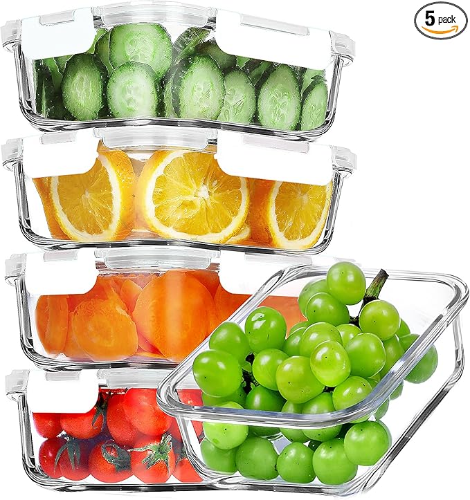 VERONES 5 Pack 36 OZ Glass Meal Prep Containers, Airtight Glass Lunch by VERONES