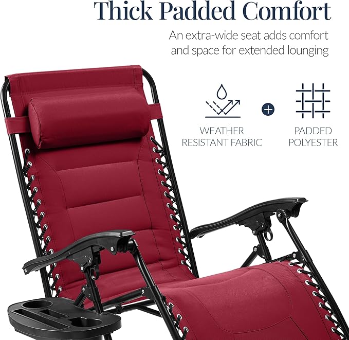 Best Choice Products Oversized Padded Zero Gravity Chair, Folding Outdoor Patio Recliner, XL Anti Gravity Lounger for Backyard w/Headrest, Cup Holder, Side Tray, Polyester Mesh - Burgundy - Image 4