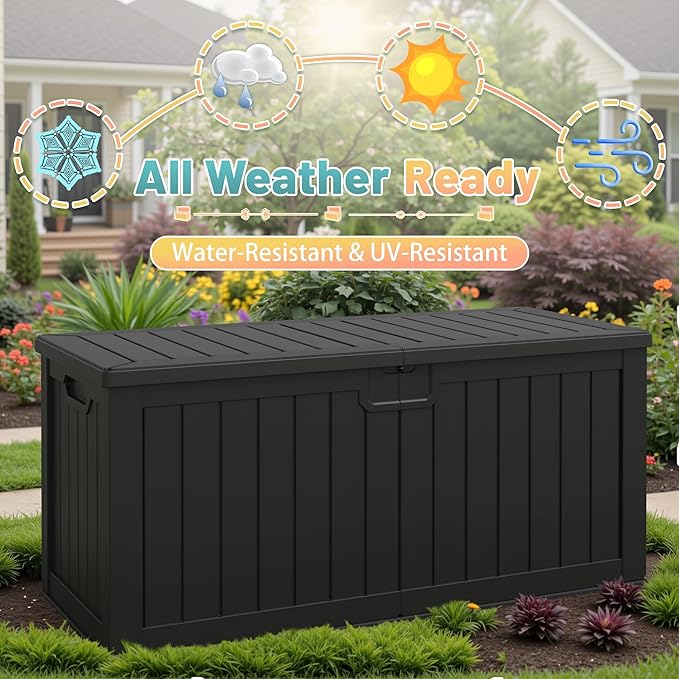 Patiowell 240 Gallon Large Outdoor Storage Box, Waterproof Deck Box with Fixed Divider, Lockable and Durable Patio Storage Solution for Patio Furniture and Garden Tools (Black) - Image 5