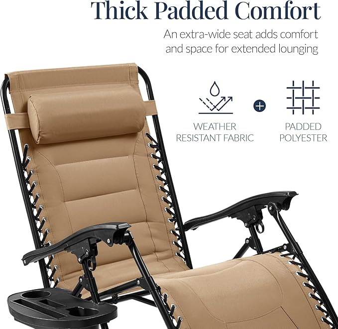 Best Choice Products Oversized Padded Zero Gravity Chair, Folding Outdoor Patio Recliner, XL Anti Gravity Lounger for Backyard w/Headrest, Cup Holder, Side Tray, Polyester Mesh - Beige - Image 4