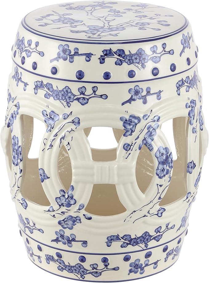 JONATHAN Y TBL1027A Lucky Coins 16" Chinese Ceramic Drum Indoor/Outdoor Garden Stool Bohemian, Coastal, Classic, Cottage, French Country, Patio, Garden Room, Bathroom, Living Room, Blue/White by JONATHANY