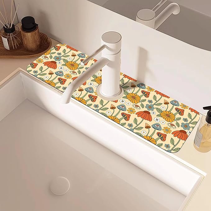 Abstract 70s Mushroom Floral Sink Faucet Absorbing Mat Sink Splash Guard Faucet - Image 2