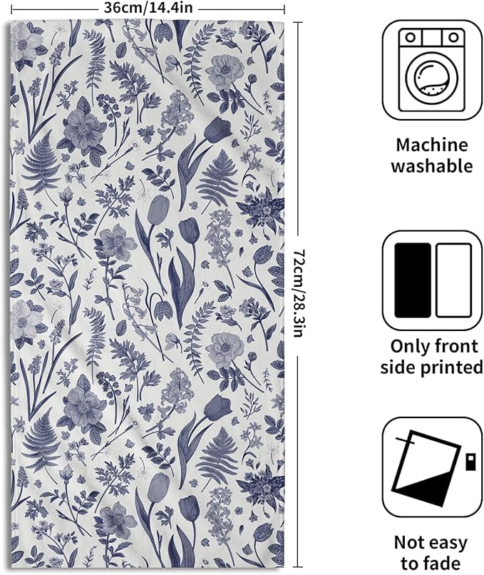 Spring Floral Hand Towels for Bathroom Set of 2 Blue White Flower Leaves - Image 2