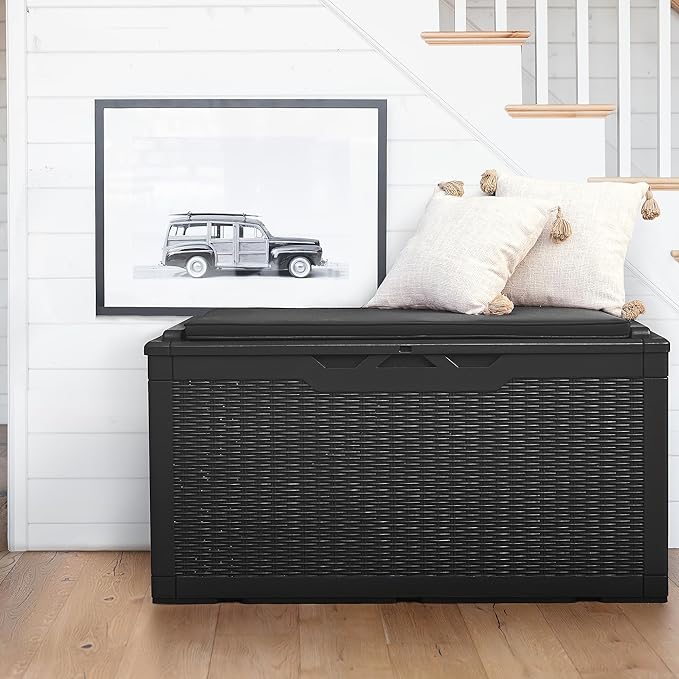 Flamaker Deck Box with Cushion 100 Gallon Waterproof Resin Storage Box with Air Rod Indoor Outdoor Lockable Storage Bench for Patio Furniture, Tools, Pool Accessories (Black) - Image 5
