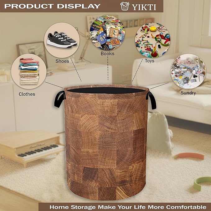 Wood Texture Pattern Laundry Basket, Rustic Farmhouse Clothes Hamper, Oxford - Image 4