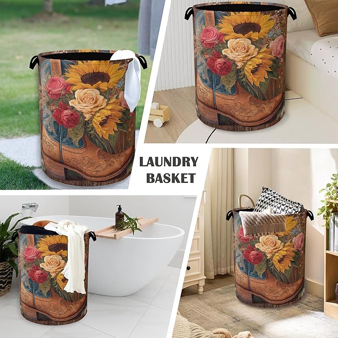 Cowboy Boots Laundry Basket, Wooden Sunflowers Foldable Oxford Cloth Tote Bag - Image 4