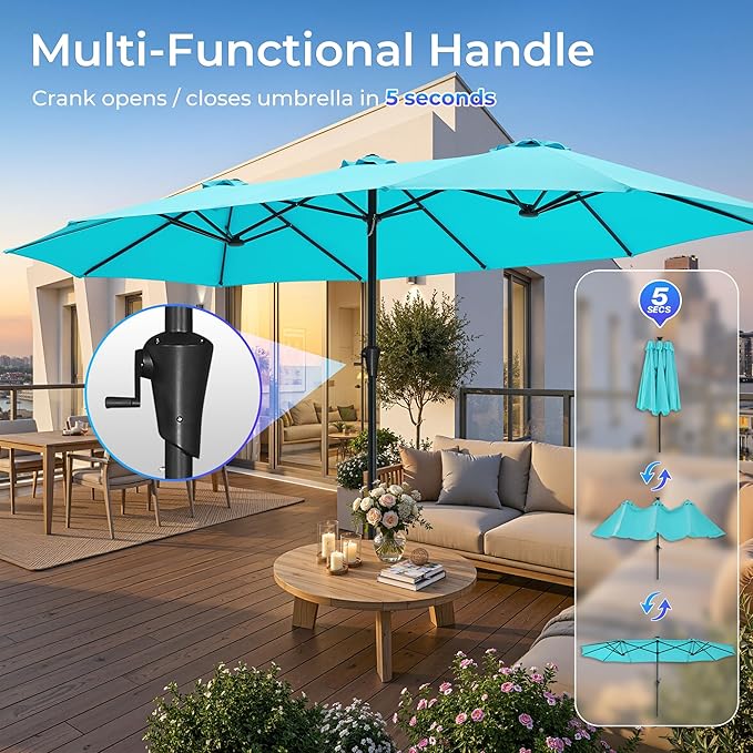 SUPERJARE 15FT Outdoor Umbrella for Patio, Double sided Pool Umbrellas with Fade Resistant Canopy, Large Table Umbrella for Deck, Market, Backyard - Light Blue - Image 5