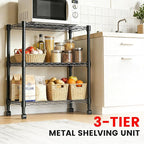 Xcity Storage Shelves, 3 Tier Heavy Duty Metal Shelving Unit with Wheels, 1050 LBS Capacity Adjustable Steel Wire Shelf Organizer for Pantry, Kitchen, Garage, 14" D x 24" W x 30" H, Black - Image 3