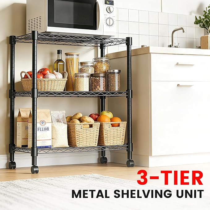 Xcity Storage Shelves, 3 Tier Heavy Duty Metal Shelving Unit with Wheels, 1050 LBS Capacity Adjustable Steel Wire Shelf Organizer for Pantry, Kitchen, Garage, 14" D x 24" W x 30" H, Black - Image 3