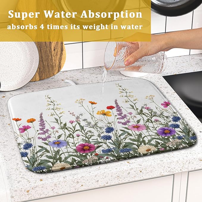 Giwawa Flower Herbs Dish Drying Mat Botanical Plant Dishes Drainer Mat 16x18 - Image 7