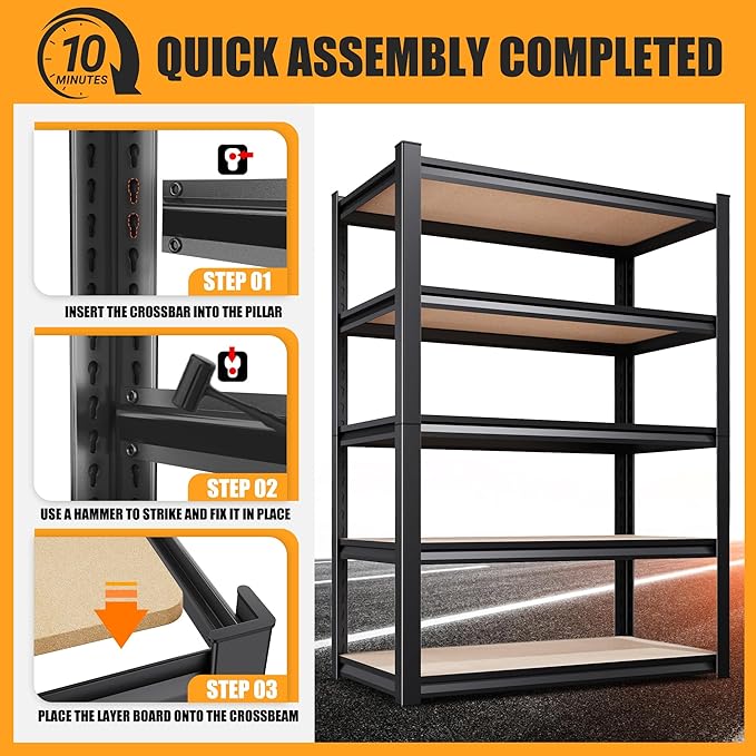 AOARGG 78" H Garage Shelving Heavy Duty Storage Shelves, Metal Adjustable Shelving Unit, Utility Garage Organizer Shelf for Basement, Pantry, Kitchen, Warehouse, 45.6" W x 19.7" D x 78" H, Black - Image 7