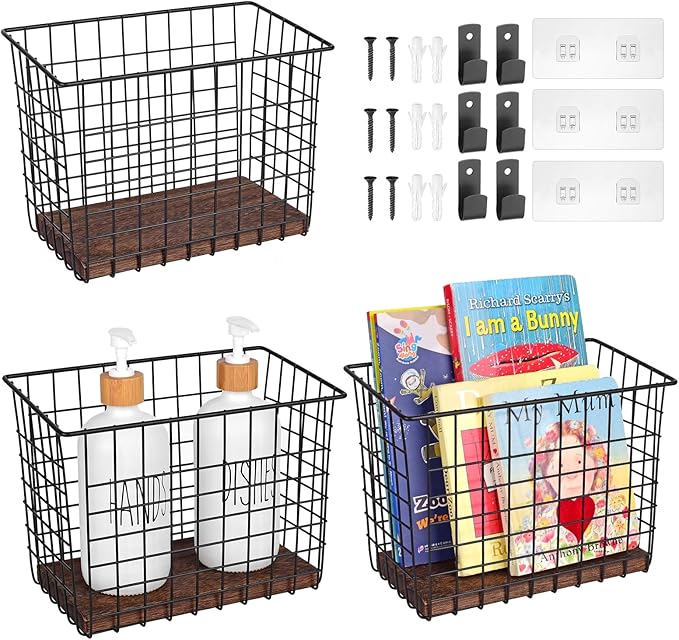 Wall Hanging Baskets 3 Pack, Diversified Wire Basket Shelves of Wooden Style by LIGHTDUST