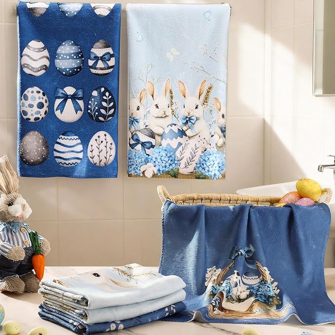 Breling Set of 6 Easter Decorations Easter Kitchen Towels Blue Rabbits Bunny - Image 3