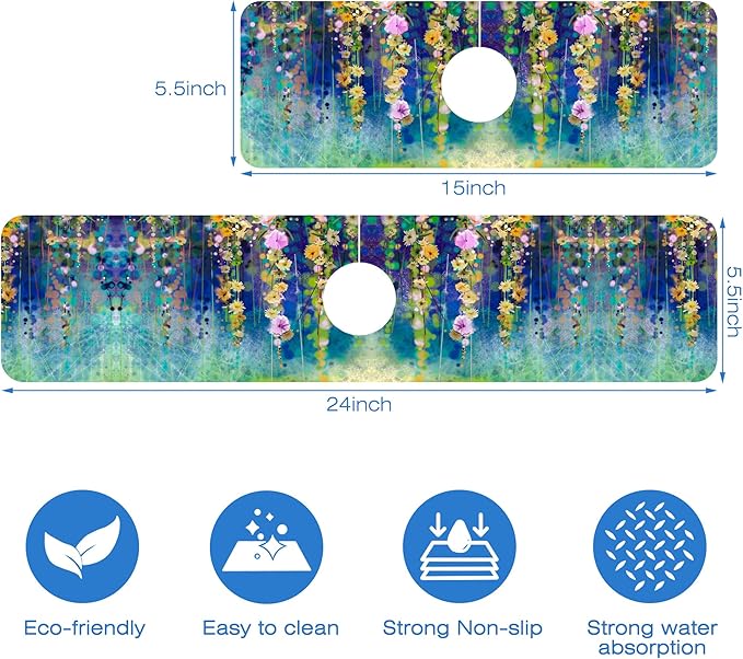 Abstract Watercolor Floral Kitchen Sink Splash Guard Mat Absorbent Fast Drying - Image 3