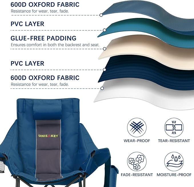 Oversized Rocking Camping Chair with Headrest & Cup Holder - 400lbs Capacity, 600D Oxford Fabric, Easy Fold Portable Outdoor Rocker Chair for Camping, Backyard, Beach, Blue - Image 4