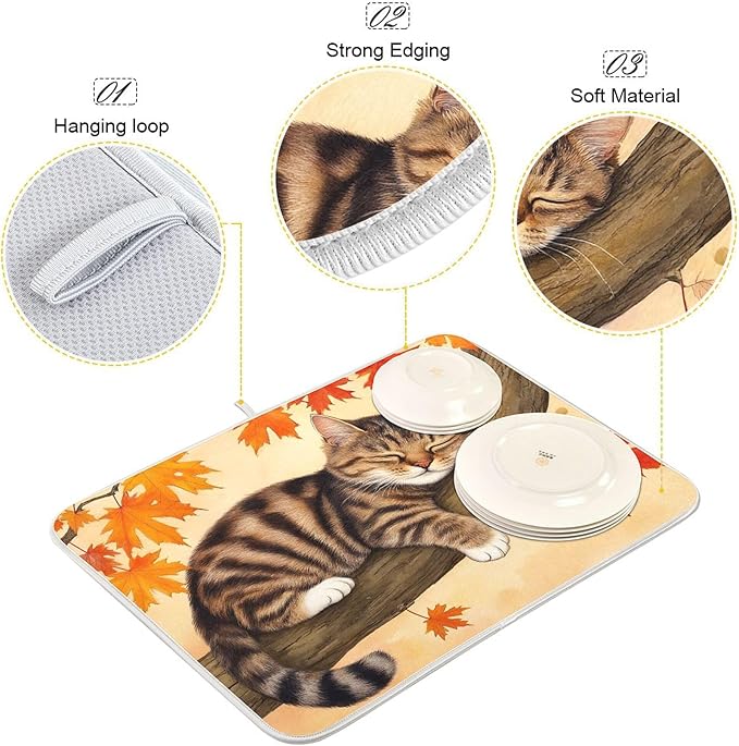 Fall Cats Dish Drying Mat for Kitchen Countertop 18x24 Autumn Maple Leaves - Image 4