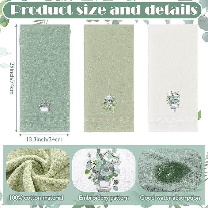 3 Pcs Eucalyptus Hand Towels Farmhouse Embroidered Botanical Bathroom Decor - Image 2