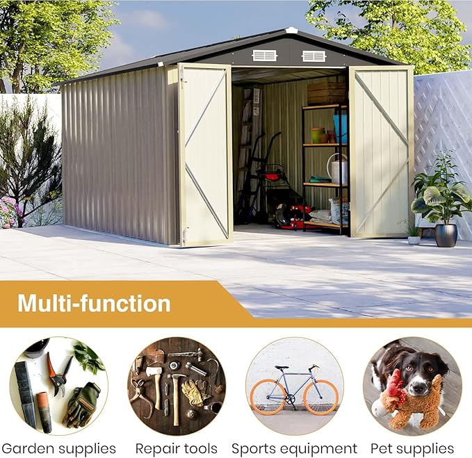 Patiowell 12 x 8 FT Outdoor Storage Shed, Steel Shed Storage House with Design of Lockable Doors, Utility and Tool Storage for Garden, Patio, Backyard, Outside use, Brown - Image 6