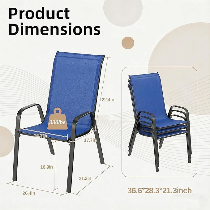 MAMIZO Patio Dining Chairs, Stackable All Weather Teslin Chair, Heavy Duty Outdoor Breathable Chairs Set, w/Armrests, Upgraded Chair FeetW/Strenthened Iron Spacers, 330 LBS (6, Navy Blue) - Image 2