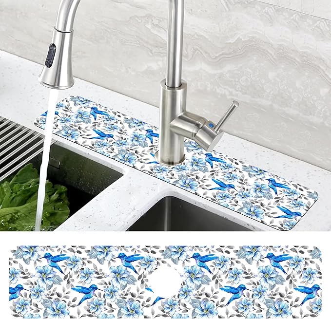 Kitchen Sink Splash Guard Faucet Mat Blue Floral and Hummingbird Absorbent Fast - Image 4