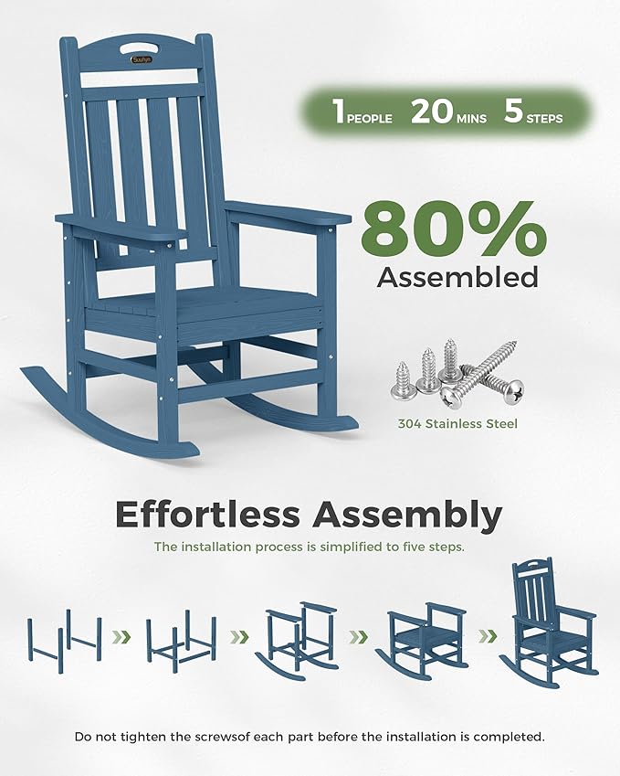 Oversized Outdoor Rocking Chairs Set of 4, High Back Porch Rocking Chair, HDPE All Weather Resistant Patio Chairs, 380lbs Weight Capacity, Navy Blue - Image 9