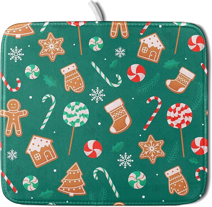 Gingerbread Dish Drying Mat for Kitchen Counter Holiday Green Super Absorbent by Unknown