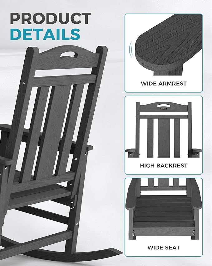 Ciokea Oversized Outdoor Rocking Chair, 380lbs Heavy-Duty Large Patio Rocker, Weather Resistant & Anti-Fade Porch Chair, High Back Cozy Rocking Chair for Outside, Fire Pit, Deck, Garden, Dark Grey - Image 6