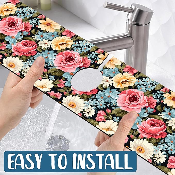 Colorful Flowers Sink Faucet Absorbing Mat Vintage Floral Super Absorbent Fast - Image 5